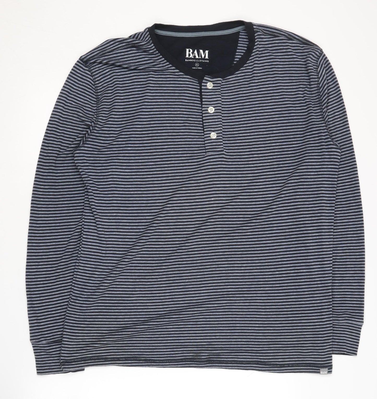 BAM Men's XL Grey Striped Henley T-Shirt
