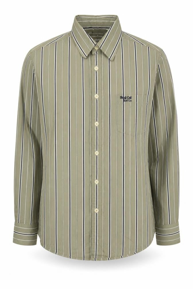 Front view of SoulCal Men's Green Striped Button-Up Shirt L