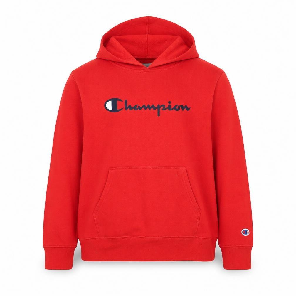 Front view of Champion boys’ red pullover hoodie, size L, logo accent
