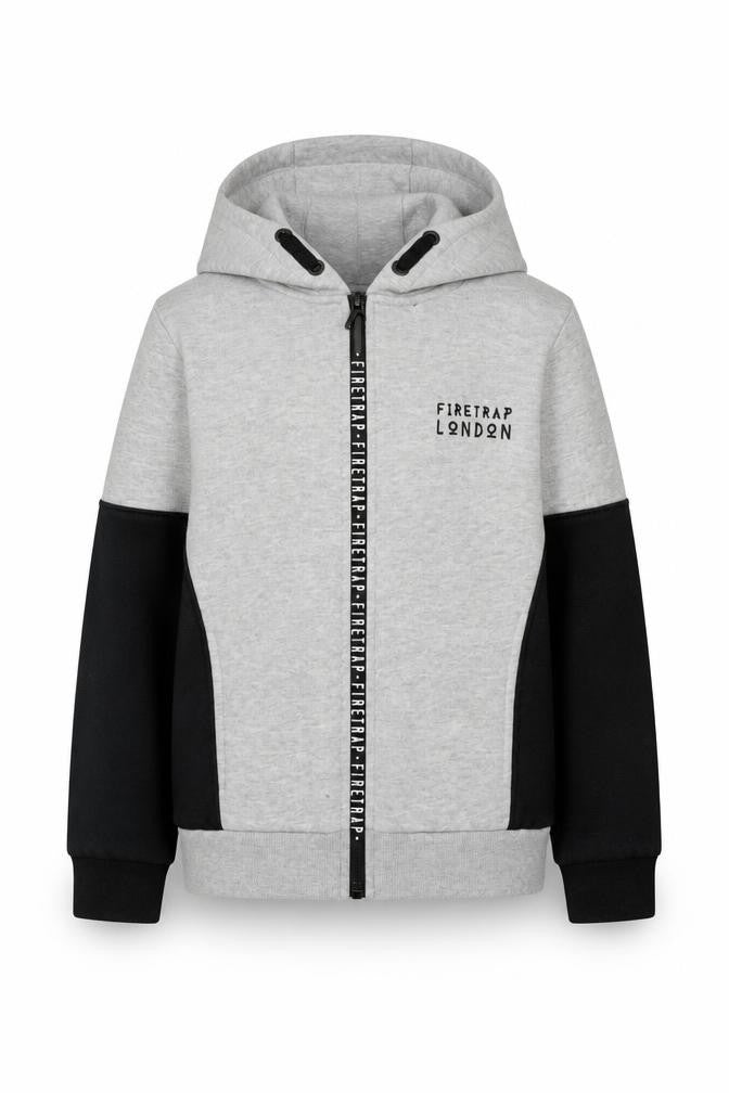 Front view of Firetrap boys’ grey and black full zip hoodie, size 9-10, years