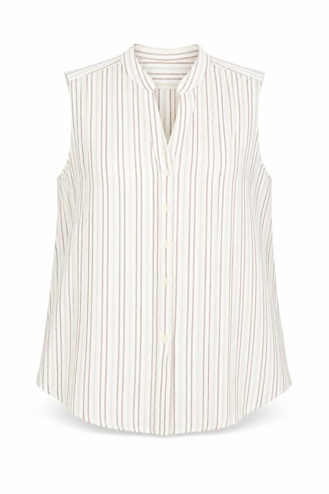 Front view of Columbia women’s beige striped button-up top l