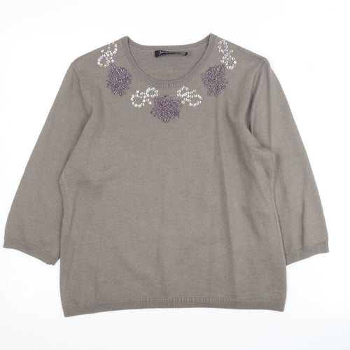 Jacques Vert Women's Grey 3/4 Sleeve Embroidered Jumper