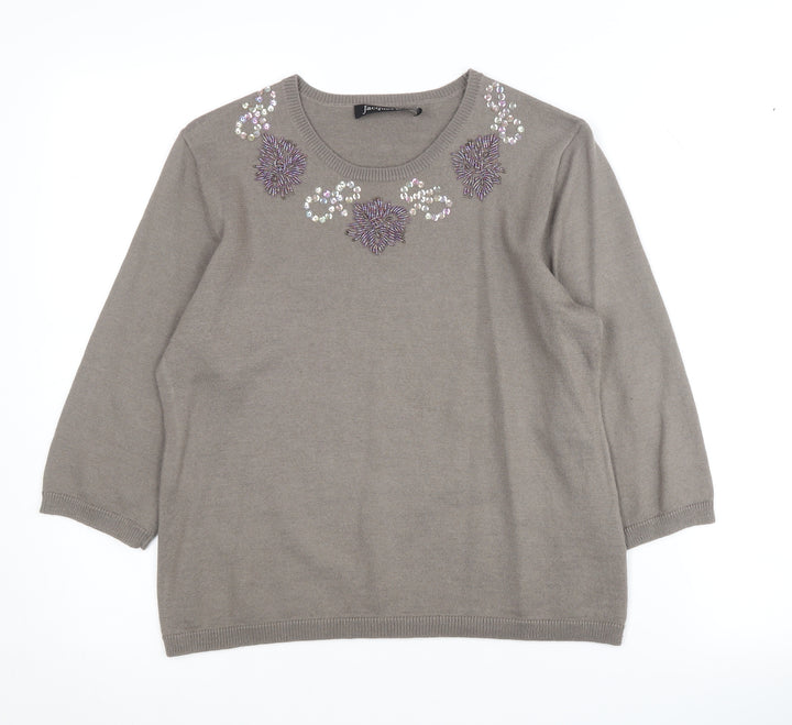 Jacques Vert Women's Grey 3/4 Sleeve Embroidered Jumper