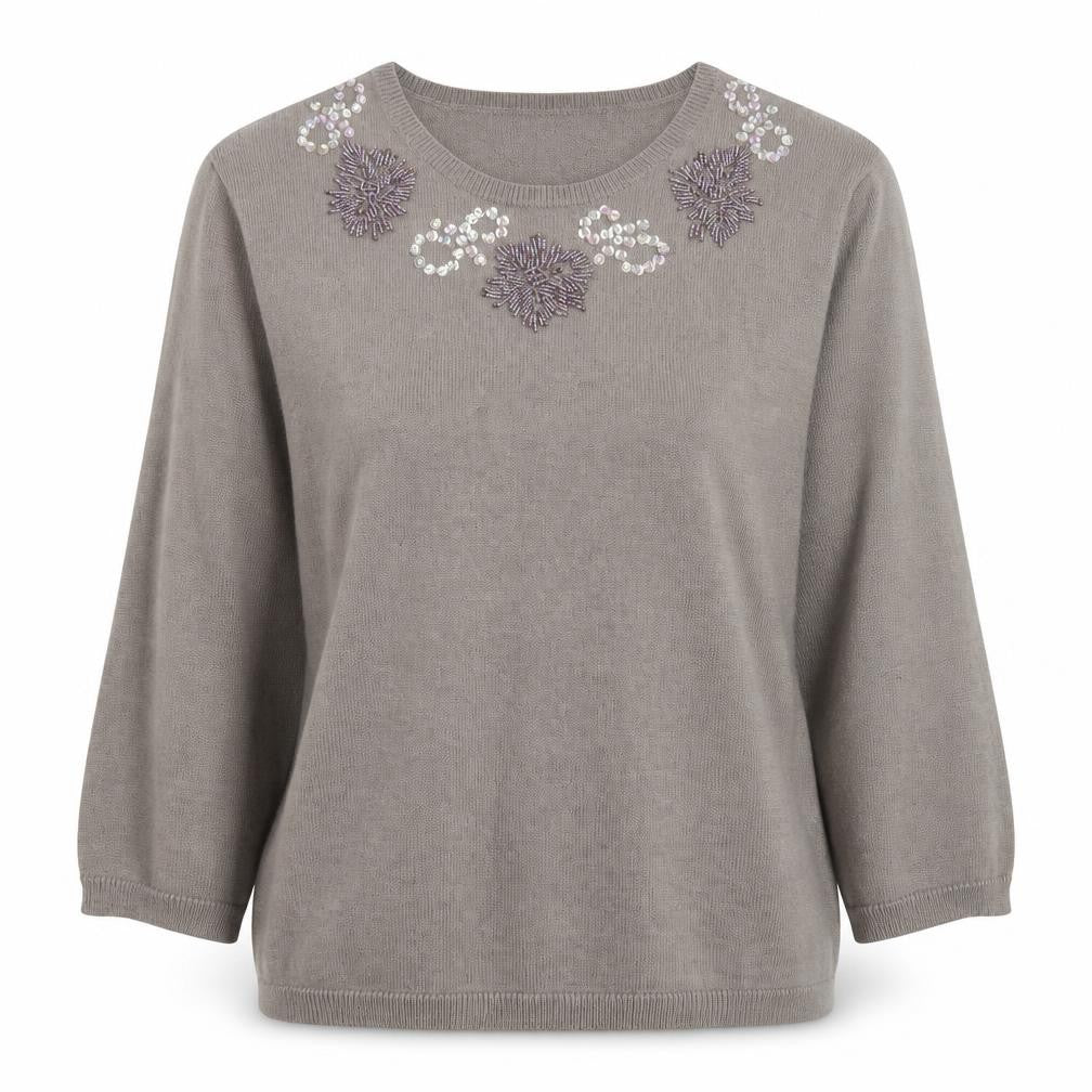 Front view of Jacques Vert Women's Grey 3/4 Sleeve Embroidered Jumper