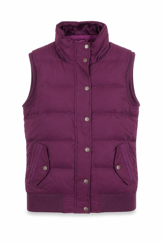 Front view of FatFace Women's Purple Puffer Waistcoat, size 12