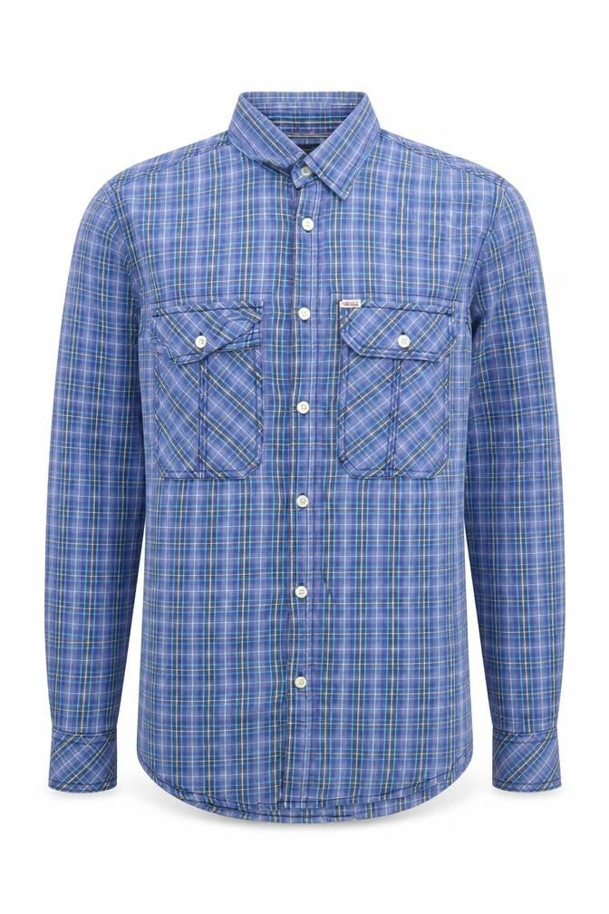 Front view of Jack & Jones Men's Blue Plaid Button-Up Shirt S