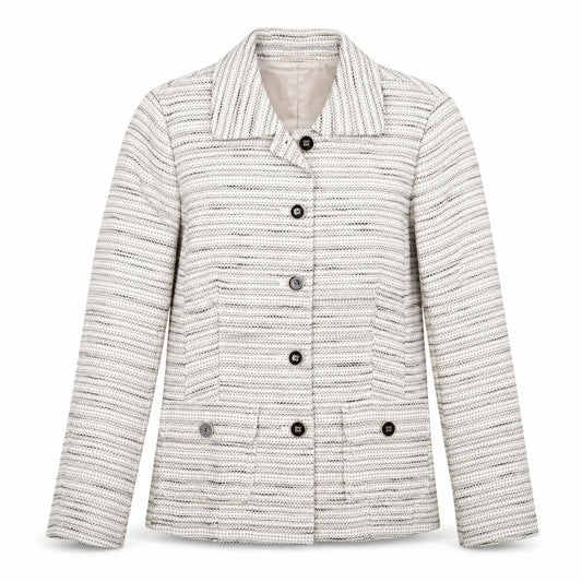 Front view of Viyella Women's Beige Blazer, size 12, Lined, Striped