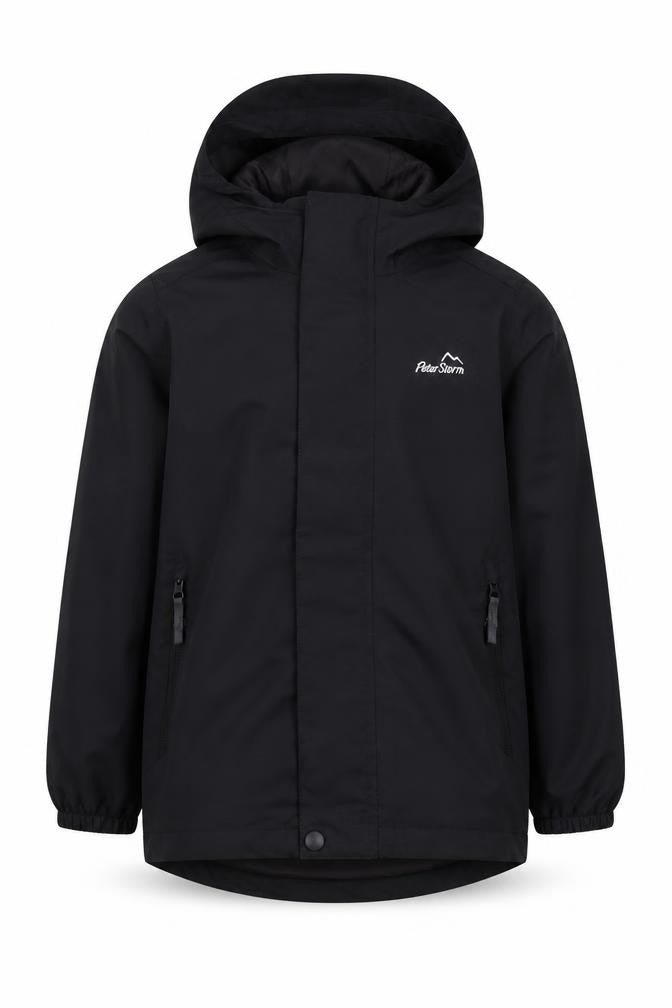 Front view of Peter Storm boys’ black waterproof parka jacket 7-8 years