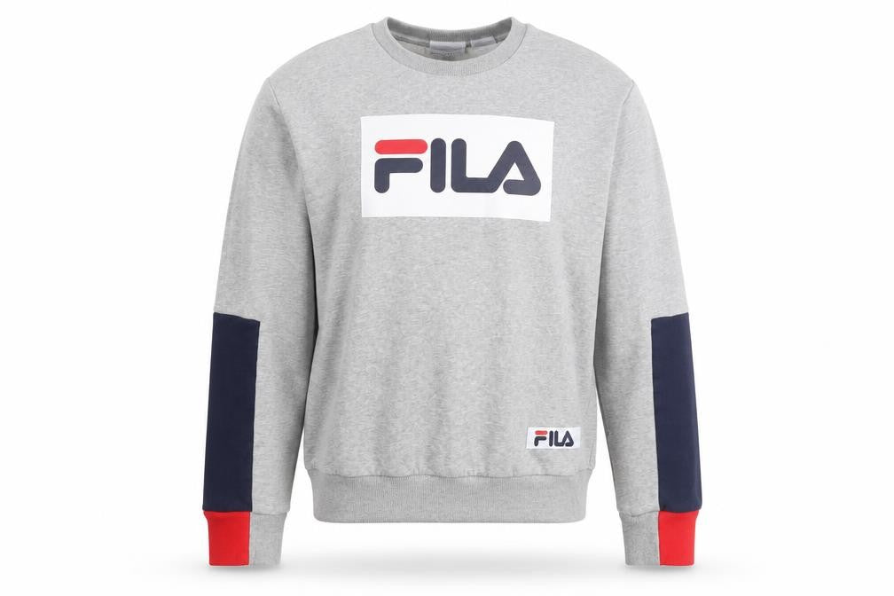 Front view of Fila unisex grey logo sweatshirt, size S, pullover
