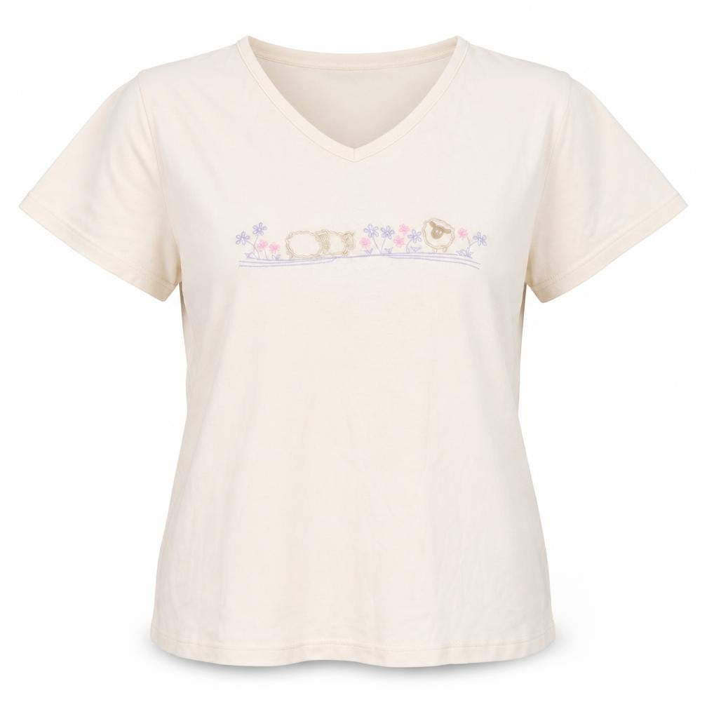 Front view of EWM Women's Beige Embroidered T-Shirt -, size L