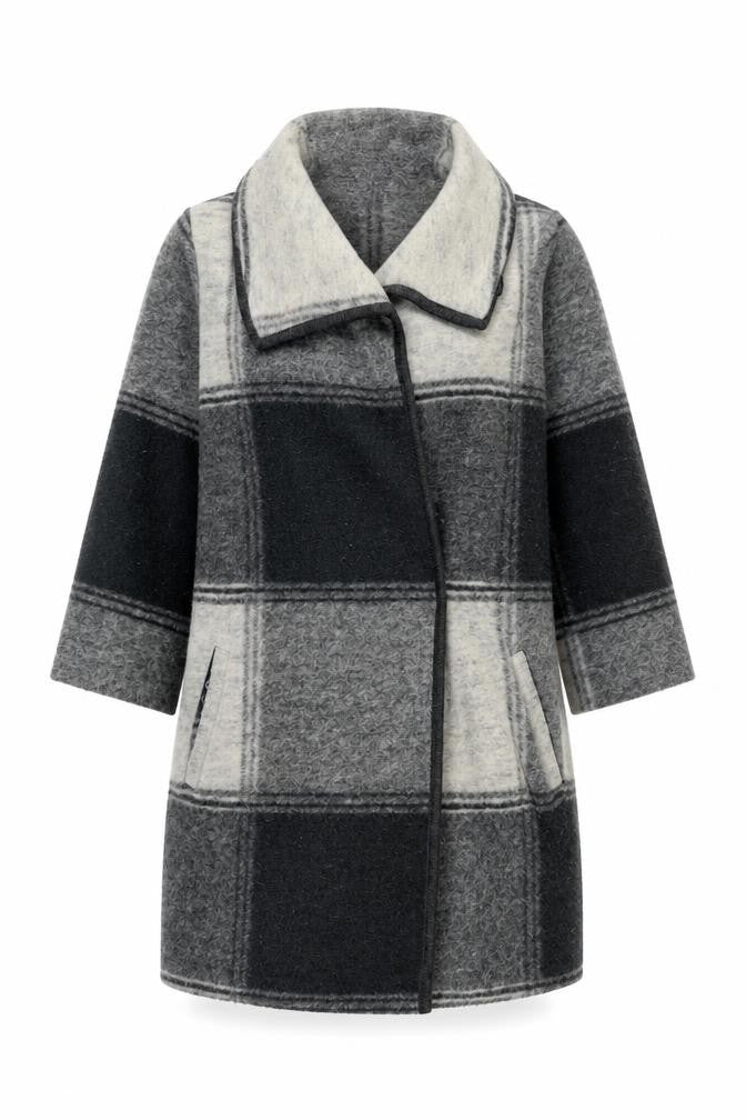 Front view of Paul Costelloe Women's Grey Plaid Wool Overcoat