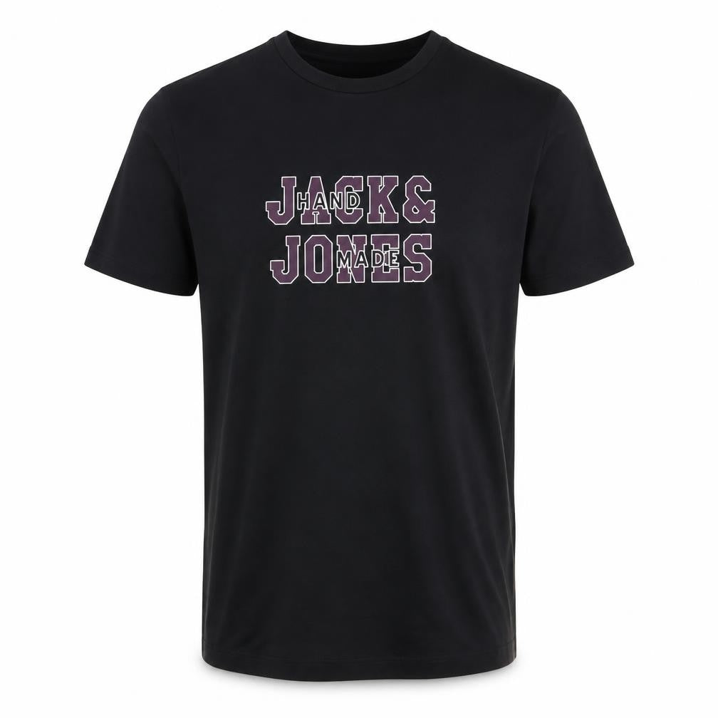Front view of Jack & Jones Men's Black T-Shirt, size L, Crew Neck