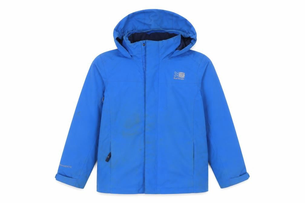 Front view of Karrimor boys’ blue waterproof rain coat 13 years