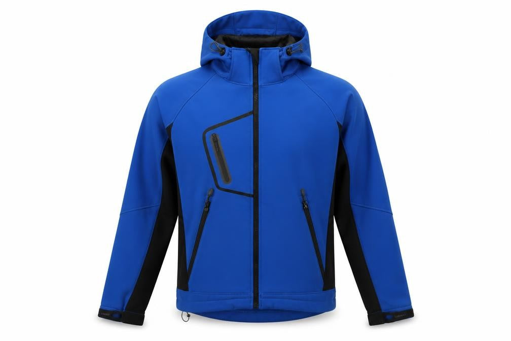 Front view of Acode Men's Blue Softshell Jacket, size M