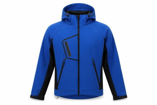 Front view of Acode Men's Blue Softshell Jacket, size M