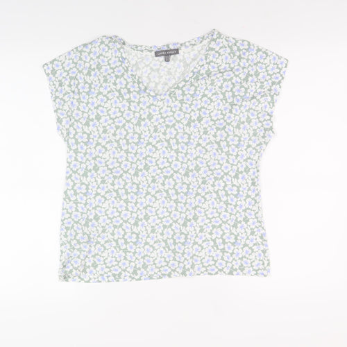 Laura Ashley Women's Green Floral V-Neck T-Shirt Size 12