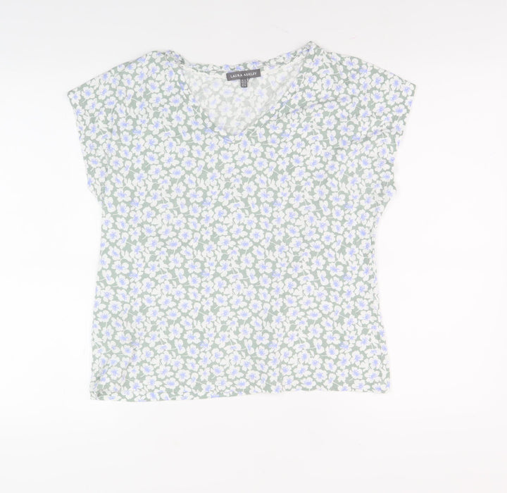 Laura Ashley Women's Green Floral V-Neck T-Shirt Size 12