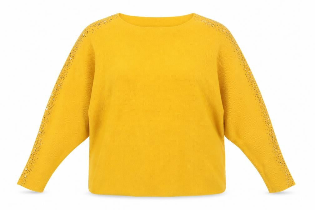 Front view of Quiz Women's Yellow Jumper L Dolman Sleeve Studded