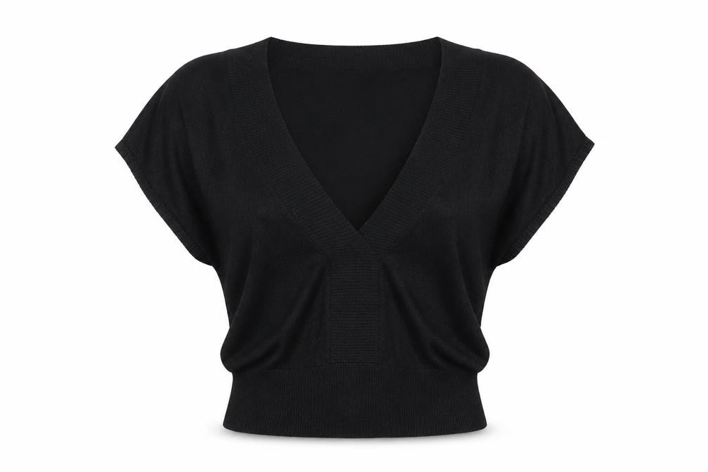 Front view of ICHI Women's Black V-Neck Top, size M, Lurex Blend