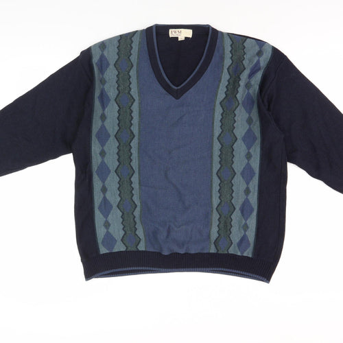 EWM Men's Blue Argyle V-Neck Pullover Jumper, L