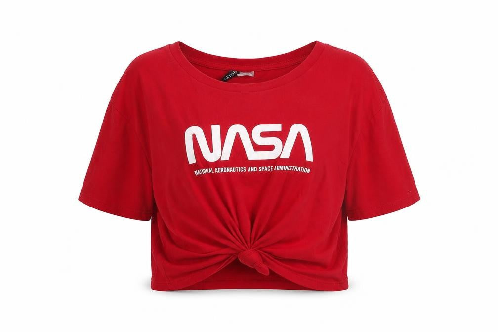 Front view of H&M Women's Red NASA Cropped T-Shirt, size 12