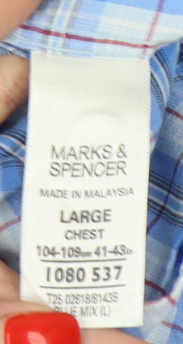 Marks and Spencer Men's Blue Check Short Sleeve Shirt L