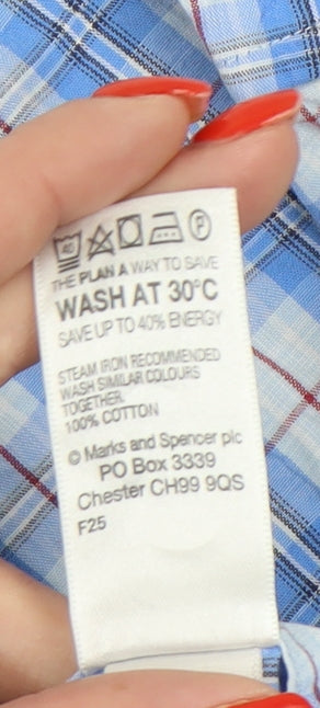Marks and Spencer Men's Blue Check Short Sleeve Shirt L