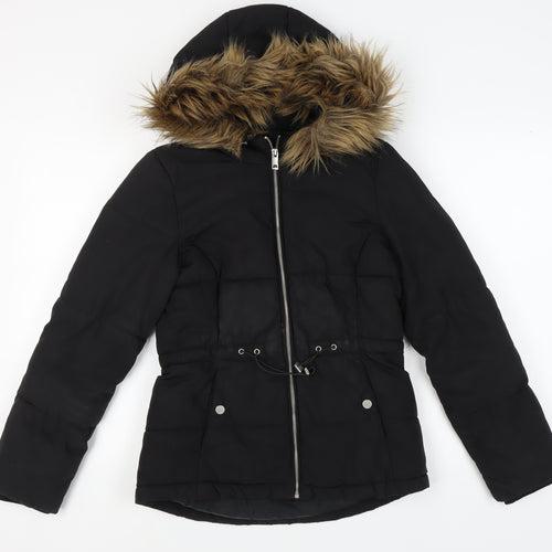 H&M Women's Black Puffer Jacket XS Fur Trim