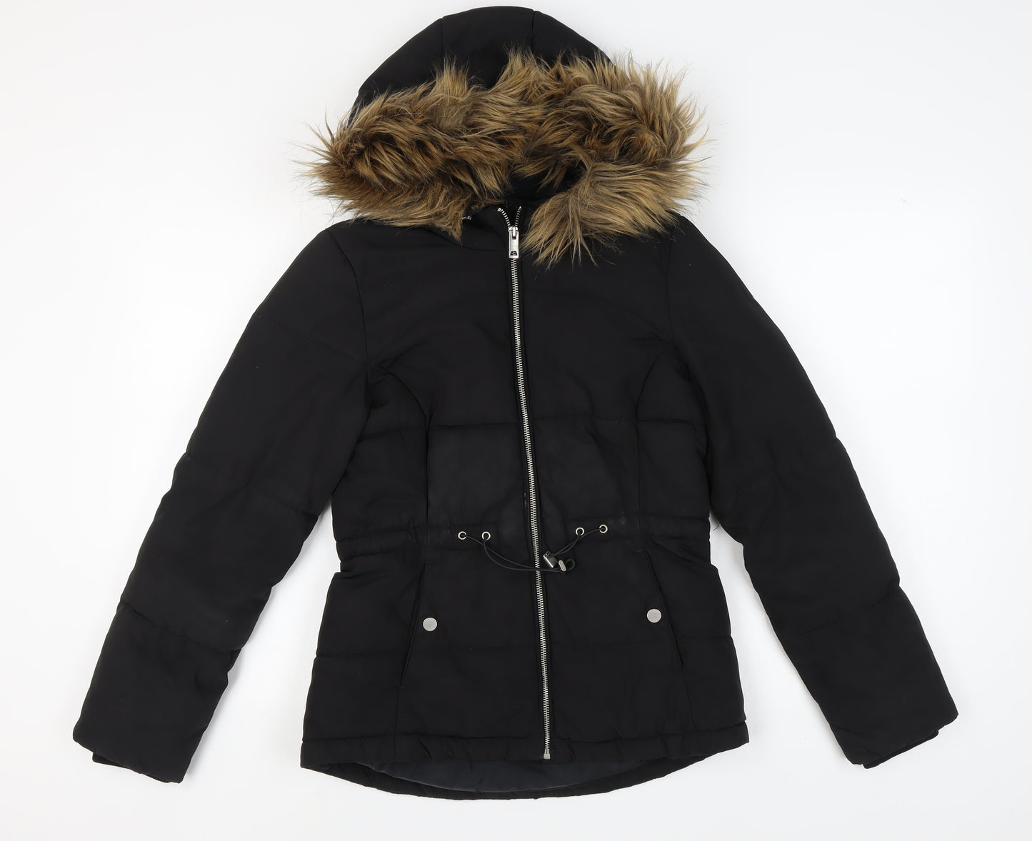 H&M Women's Black Puffer Jacket XS Fur Trim