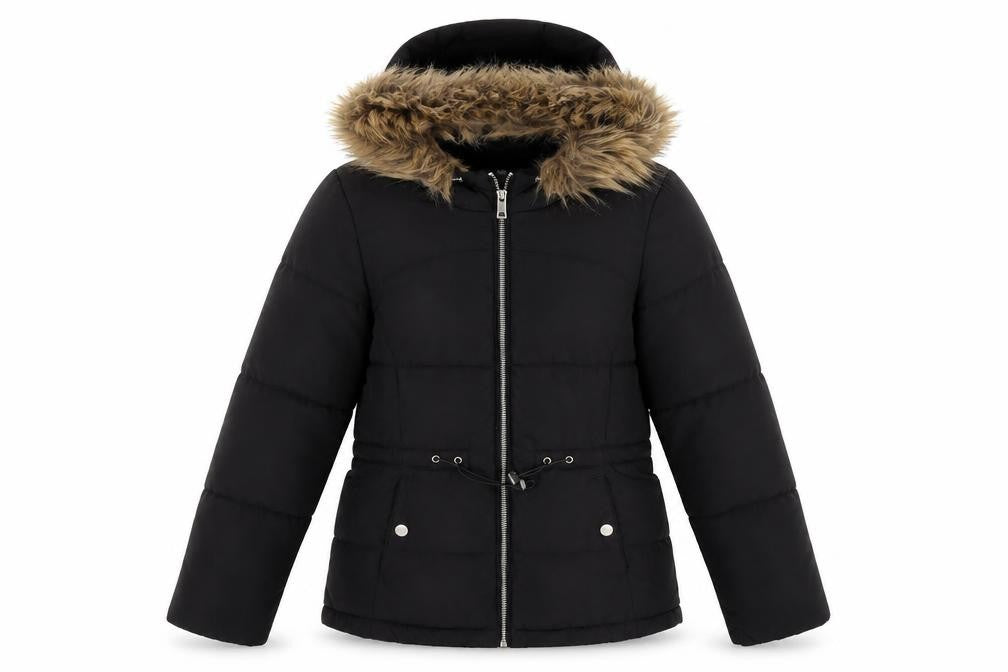 Front view of H&M Women's Black Puffer Jacket XS Fur Trim