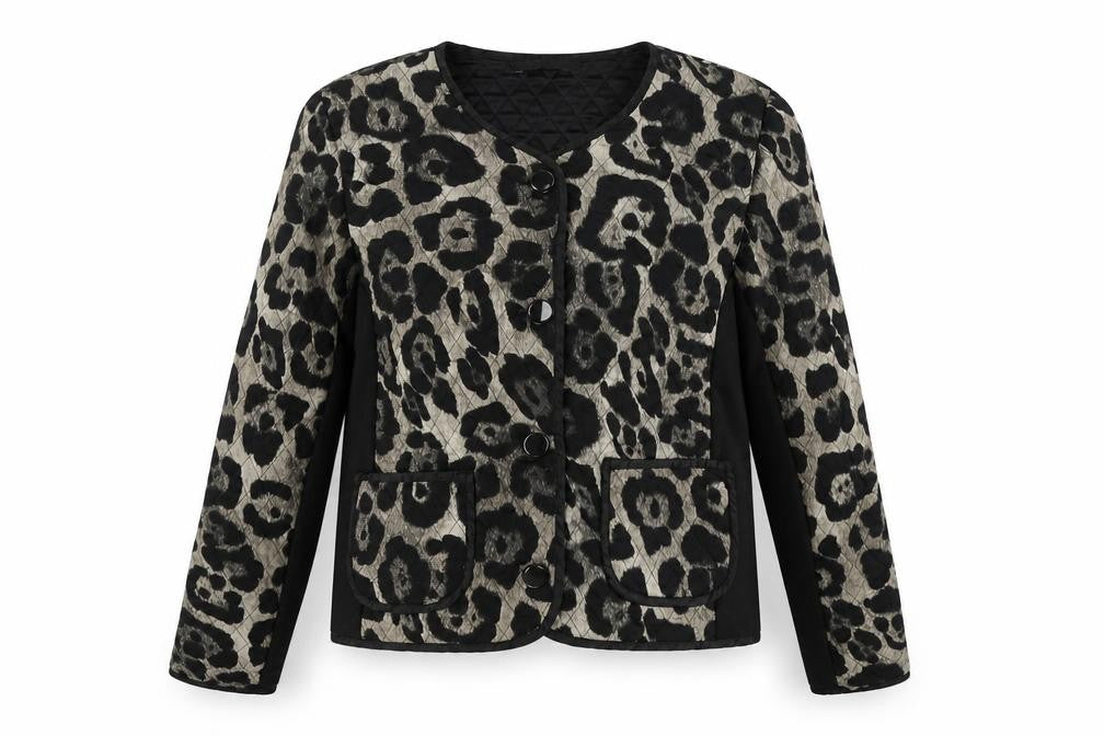 Front view of LATTE Women's Black Animal Print Jacket, size L