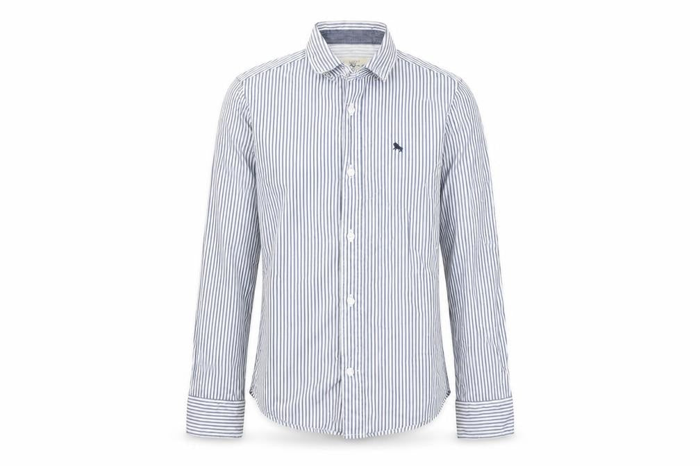 Front view of L.O.G.G. boys’ blue striped button-up shirt 9-10 years
