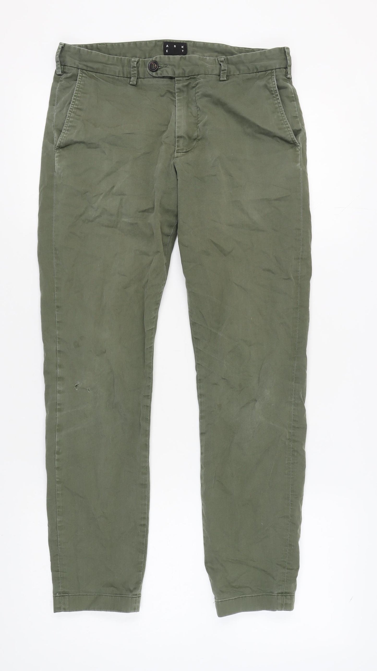 Asket Men's Green Slim Chino Trousers Size 31