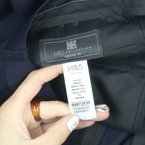 Marks and Spencer Men's Blue Regular Fit Trousers