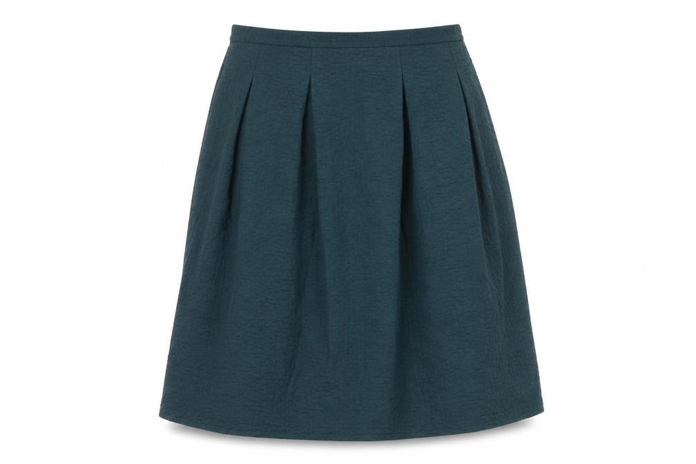 Front view of H&M Women's Blue Pleated Skirt, size 10, Cotton Blend