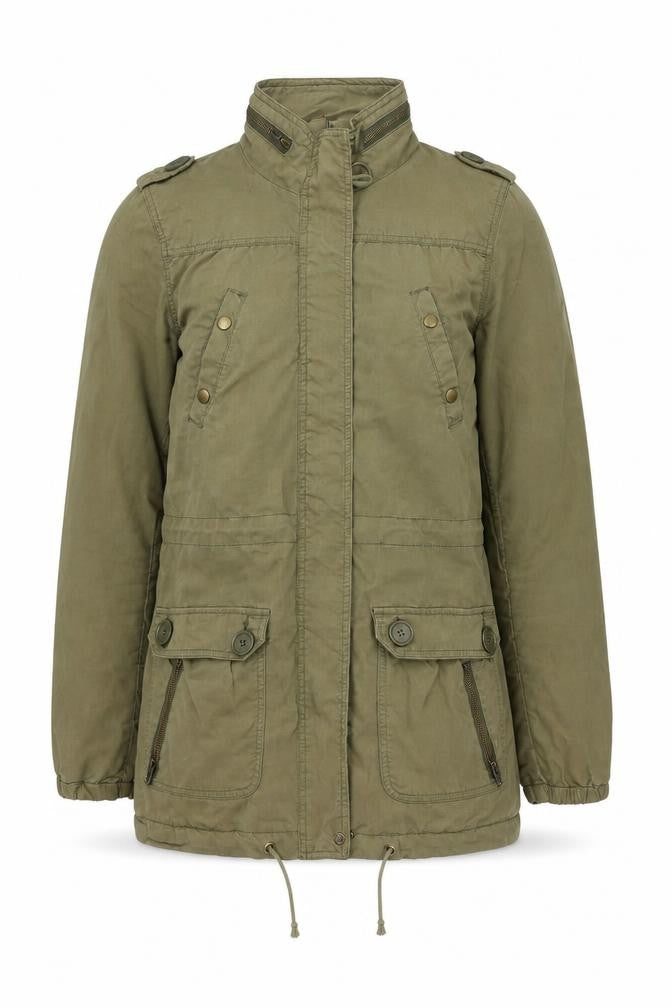 Front view of H&M Men's Green Military Jacket, size 38, Hooded