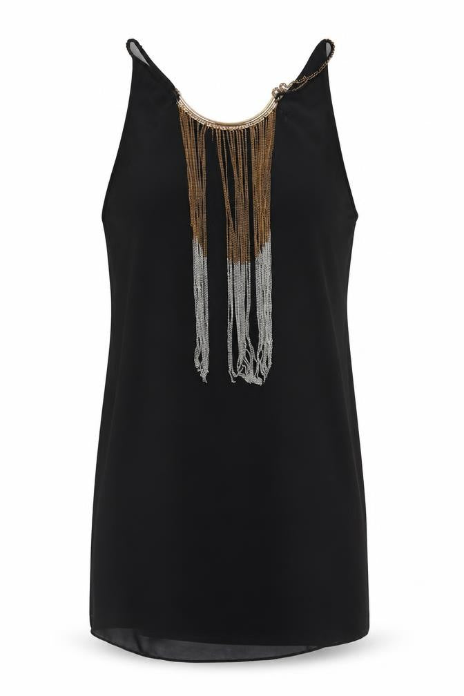 Front view of Marciano Women's Black Camisole Chain Accent Tank Top S