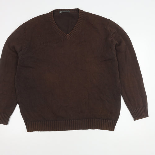 Zara Men's Brown XL V-Neck Cotton Pullover Jumper