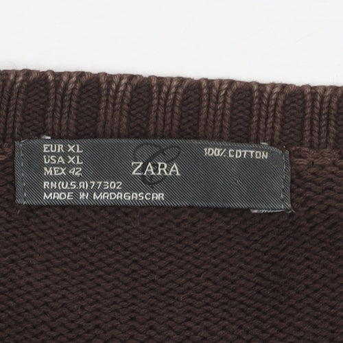 Zara Men's Brown XL V-Neck Cotton Pullover Jumper