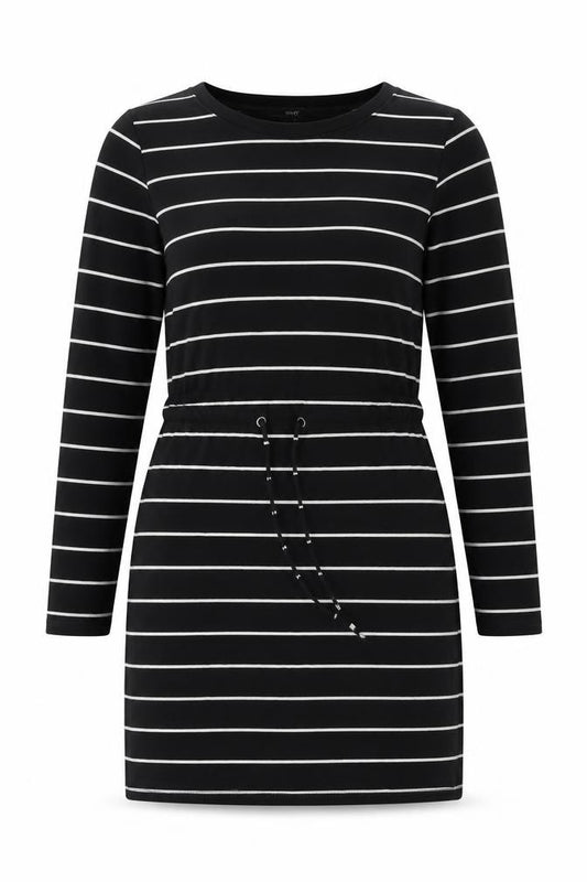 Front view of Next Women's Black Striped Cotton Dress, size 10