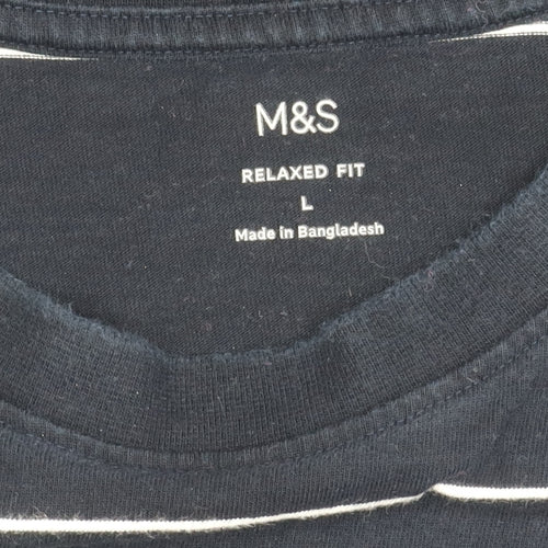 Marks and Spencer Unisex Blue Striped T-Shirt L