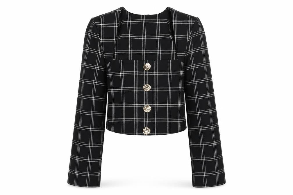 Front view of River Island Women's Black Check Cropped Blouse, size 6