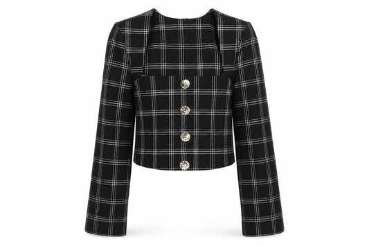 Front view of River Island Women's Black Check Cropped Blouse, size 6