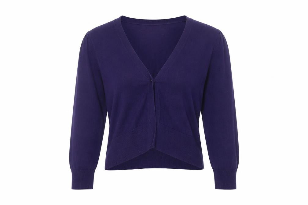 Front view of Great Plains women’s purple knit cardigan, size M