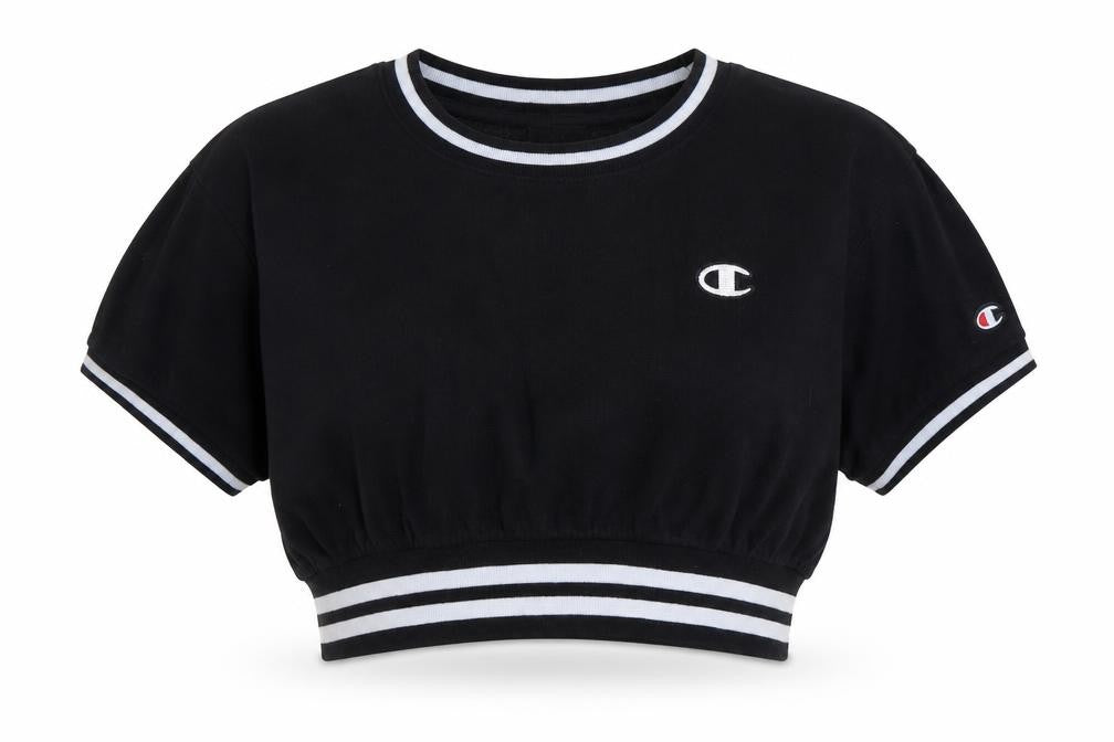 Front view of Champion Women's Black Cropped T-Shirt, size L