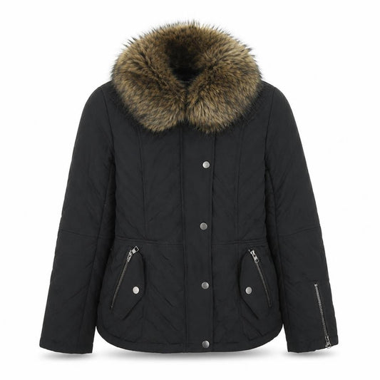 Front view of Next Women’s Black Puffer Jacket, size UK 12, Fur Trim