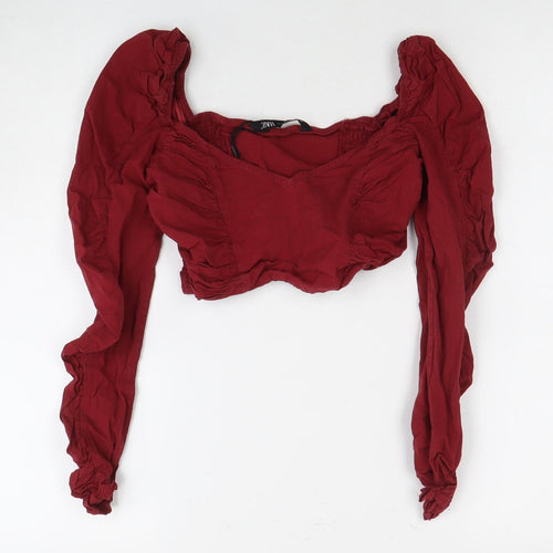 ZARA Women's Red Cropped Balloon Sleeve Blouse, Size 10