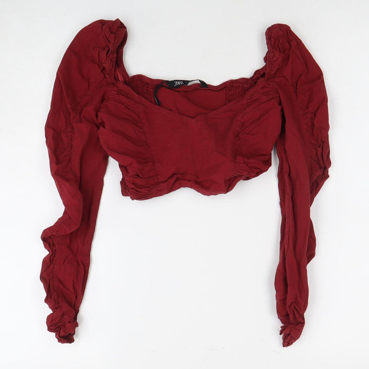 ZARA Women's Red Cropped Balloon Sleeve Blouse, Size 10