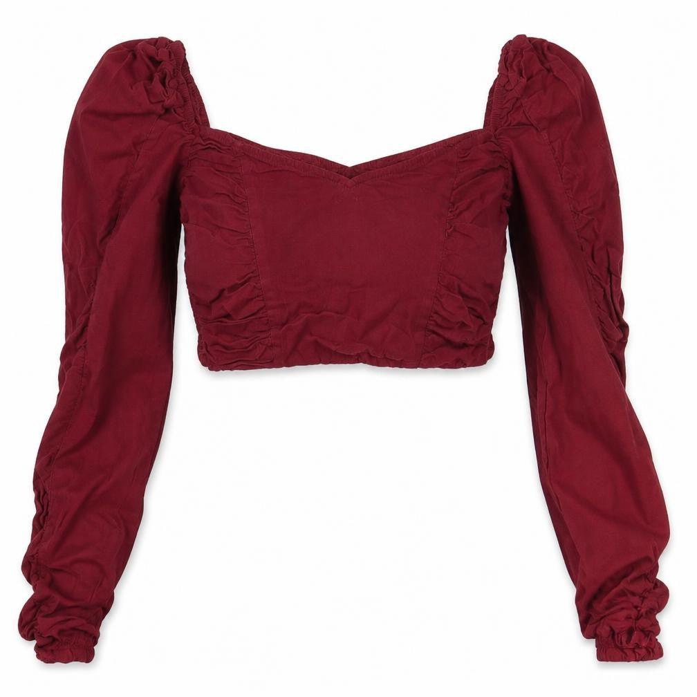 Front view of Zara Women's Red Cropped Balloon Sleeve Blouse, size 10