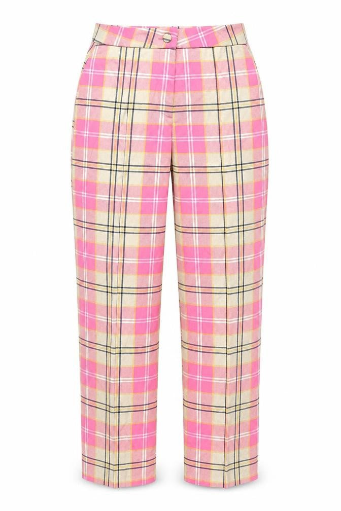 Front view of Monki Women's Pink Plaid Trousers, size 6